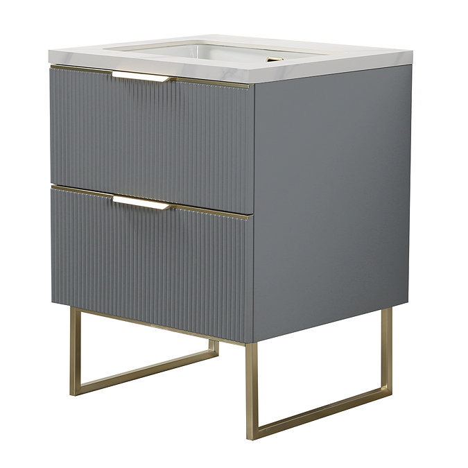 Opus 600mm Fluted Vanity Unit with Legs - Satin Grey, Marble-Effect Basin & Brushed Brass