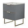 Opus 600mm Fluted Vanity Unit with Legs - Satin Grey, Marble-Effect Basin & Brushed Brass