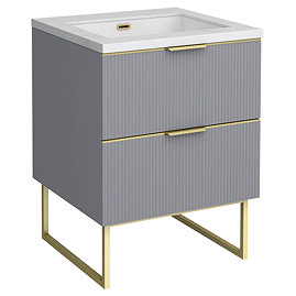 Opus 600mm Fluted Vanity Unit with Legs - Satin Grey, Marble-Effect Basin & Brushed Brass