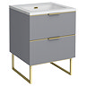 Opus 600mm Fluted Vanity Unit with Legs - Satin Grey, Marble-Effect Basin & Brushed Brass