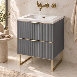 Opus 600mm Fluted Vanity Unit with Legs - Satin Grey, Marble-Effect Basin & Brushed Brass