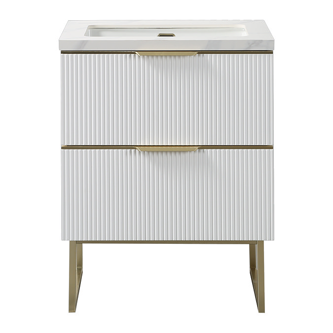Opus 600mm Fluted Cloakroom Vanity Unit with Legs - Satin White, Marble-Effect Basin & Brushed Brass