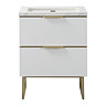 Opus 600mm Fluted Cloakroom Vanity Unit with Legs - Satin White, Marble-Effect Basin & Brushed Brass