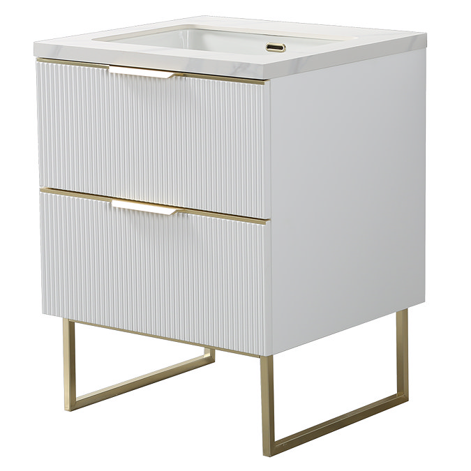 Opus 600mm Fluted Cloakroom Vanity Unit with Legs - Satin White, Marble-Effect Basin & Brushed Brass