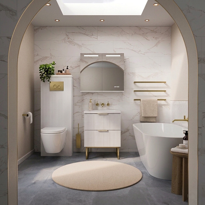 Opus 600mm Fluted Vanity Unit with Legs - Satin White, Marble-Effect Basin & Brushed Brass