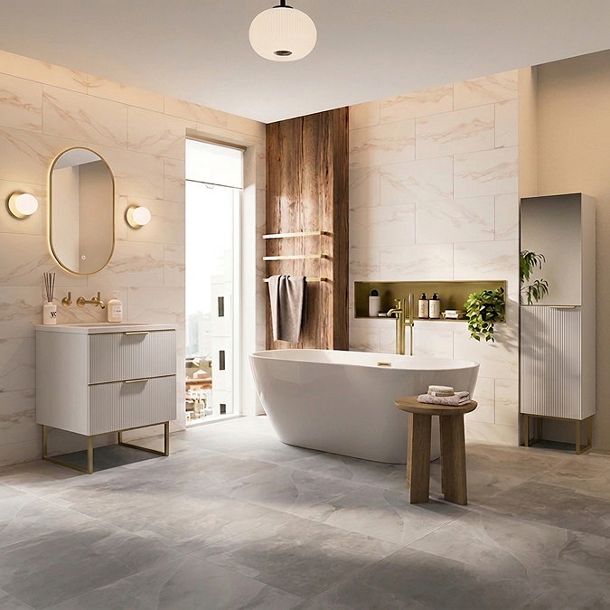 Opus 600mm Fluted Vanity Unit with Legs - Satin White, Marble-Effect Basin & Brushed Brass