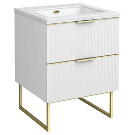 Opus 600mm Fluted Cloakroom Vanity Unit with Legs - Satin White, Marble-Effect Basin & Brushed Brass