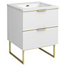 Opus 600mm Fluted Cloakroom Vanity Unit with Legs - Satin White, Marble-Effect Basin & Brushed Brass