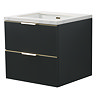 Opus 600mm Fluted Wall Hung 2-Drawer Vanity Unit – Satin Black with Marble‑Effect Basin & Brushed Brass Handles