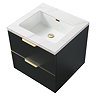 Opus 600mm Fluted Wall Hung 2-Drawer Vanity Unit – Satin Black with Marble‑Effect Basin & Brushed Brass Handles