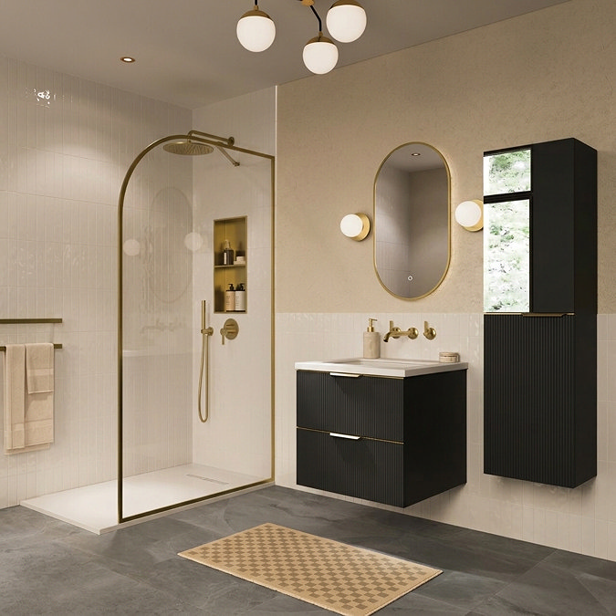 Opus 600mm Fluted Wall Hung 2-Drawer Vanity Unit – Satin Black with Marble‑Effect Basin & Brushed Brass Handles