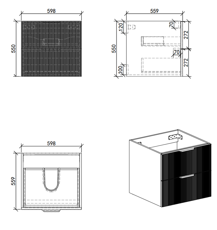 Opus 600mm Fluted Wall Hung 2-Drawer Vanity Unit – Satin Black with Marble‑Effect Basin & Brushed Brass Handles