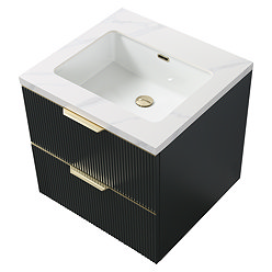 Opus 600mm Fluted Wall Hung 2-Drawer Vanity Unit – Satin Black with Marble‑Effect Basin & Brushed Brass Handles