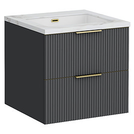 Opus 600mm Fluted Wall Hung 2-Drawer Vanity Unit – Satin Black with Marble‑Effect Basin & Brushed Brass Handles