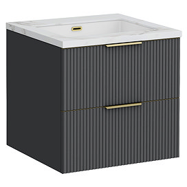 Opus 600mm Fluted Wall Hung 2-Drawer Vanity Unit – Satin Black with Marble‑Effect Basin & Brushed Brass Handles