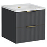 Opus 600mm Fluted Wall Hung 2-Drawer Vanity Unit – Satin Black with Marble‑Effect Basin & Brushed Brass Handles