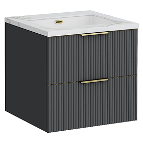 Opus 600mm Fluted Wall Hung 2-Drawer Vanity Unit – Satin Black with Marble‑Effect Basin & Brushed Brass Handles