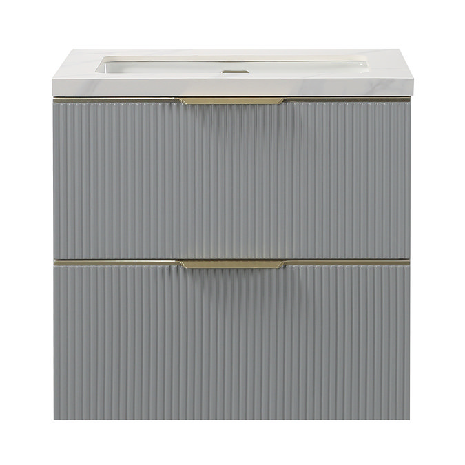 Opus 600mm Fluted Wall Hung 2-Drawer Vanity Unit – Satin Grey with Marble‑Effect Basin & Brushed Brass Handles