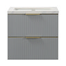 Opus 600mm Fluted Wall Hung 2-Drawer Vanity Unit – Satin Grey with Marble‑Effect Basin & Brushed Brass Handles