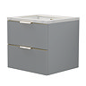 Opus 600mm Fluted Wall Hung 2-Drawer Vanity Unit – Satin Grey with Marble‑Effect Basin & Brushed Brass Handles