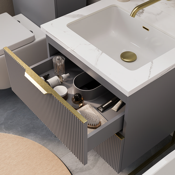 Opus 600mm Fluted Wall Hung 2-Drawer Vanity Unit – Satin Grey with Marble‑Effect Basin & Brushed Brass Handles