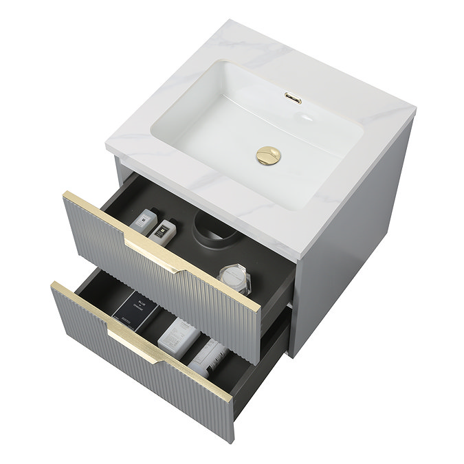 Opus 600mm Fluted Wall Hung 2-Drawer Vanity Unit – Satin Grey with Marble‑Effect Basin & Brushed Brass Handles