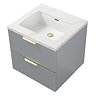 Opus 600mm Fluted Wall Hung 2-Drawer Vanity Unit – Satin Grey with Marble‑Effect Basin & Brushed Brass Handles