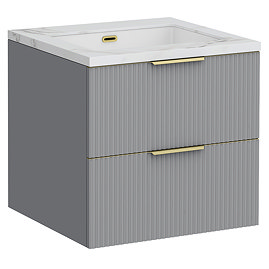 Opus 600mm Fluted Wall Hung 2-Drawer Vanity Unit – Satin Grey with Marble‑Effect Basin & Brushed Brass Handles