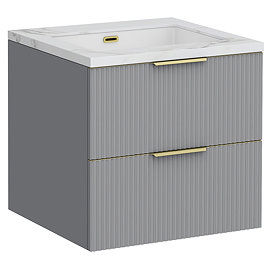Opus 600mm Fluted Wall Hung 2-Drawer Vanity Unit – Satin Grey with Marble‑Effect Basin & Brushed Brass Handles