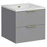Opus 600mm Fluted Wall Hung 2-Drawer Vanity Unit – Satin Grey with Marble‑Effect Basin & Brushed Brass Handles
