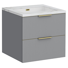 Opus 600mm Fluted Wall Hung 2-Drawer Vanity Unit – Satin Grey with Marble‑Effect Basin & Brushed Brass Handles
