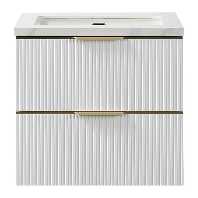 Opus 600mm Fluted Wall Hung 2-Drawer Vanity Unit – Satin White with Marble‑Effect Basin & Brushed Brass Handles