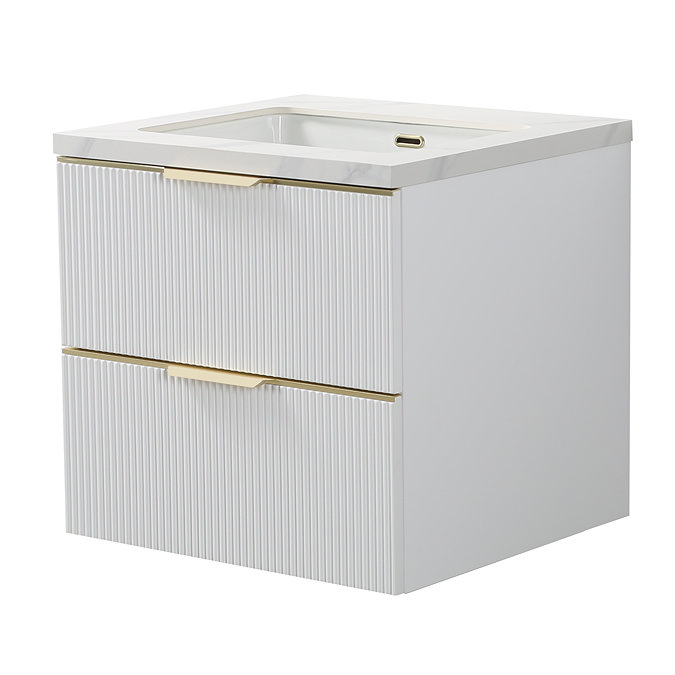 Opus 600mm Fluted Wall Hung 2-Drawer Vanity Unit – Satin White with Marble‑Effect Basin & Brushed Brass Handles