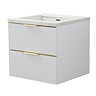 Opus 600mm Fluted Wall Hung 2-Drawer Vanity Unit – Satin White with Marble‑Effect Basin & Brushed Brass Handles