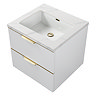 Opus 600mm Fluted Wall Hung 2-Drawer Vanity Unit – Satin White with Marble‑Effect Basin & Brushed Brass Handles