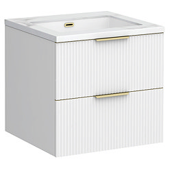 Opus 600mm Fluted Wall Hung 2-Drawer Vanity Unit – Satin White with Marble‑Effect Basin & Brushed Brass Handles