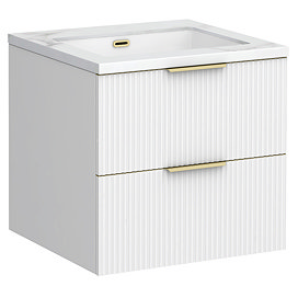 Opus 600mm Fluted Wall Hung 2-Drawer Vanity Unit – Satin White with Marble‑Effect Basin & Brushed Brass Handles