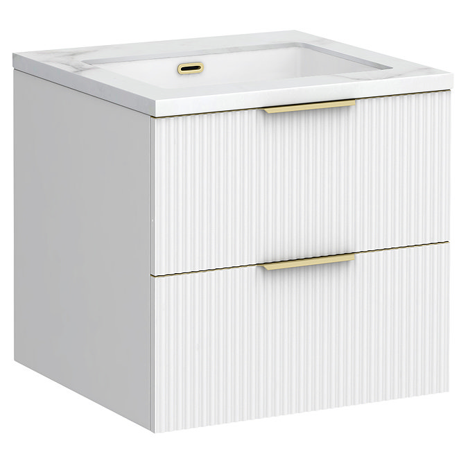 Opus 600mm Fluted Wall Hung 2-Drawer Vanity Unit – Satin White with Marble‑Effect Basin & Brushed Brass Handles