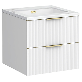 Opus 600mm Fluted Wall Hung 2-Drawer Vanity Unit – Satin White with Marble‑Effect Basin & Brushed Brass Handles