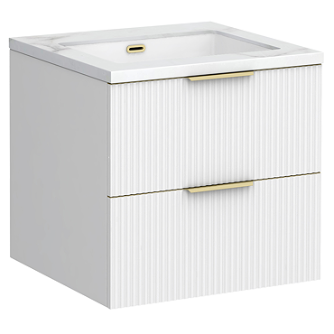 Opus 600mm Fluted Wall Hung 2-Drawer Vanity Unit – Satin White with Marble‑Effect Basin & Brushed Brass Handles