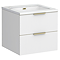 Opus 600mm Fluted Wall Hung 2-Drawer Vanity Unit – Satin White with Marble‑Effect Basin & Brushed Brass Handles