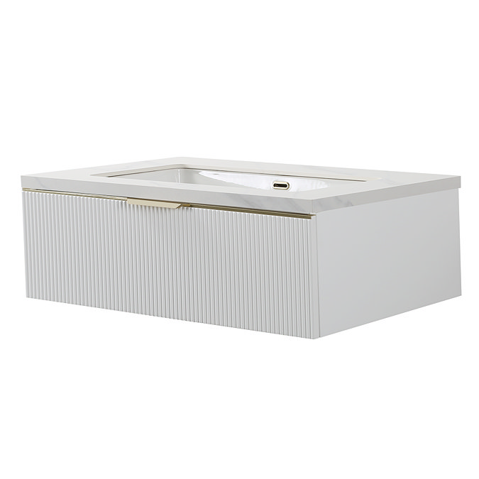 Opus 900mm Fluted Wall Hung Vanity Unit – Satin White with Marble‑Effect Basin & Brushed Brass Handle