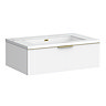 Opus 900mm Fluted Wall Hung Vanity Unit – Satin White with Marble‑Effect Basin & Brushed Brass Handle