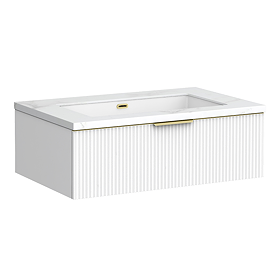 Opus 900mm Fluted Wall Hung Vanity Unit – Satin White with Marble‑Effect Basin & Brushed Brass Handle