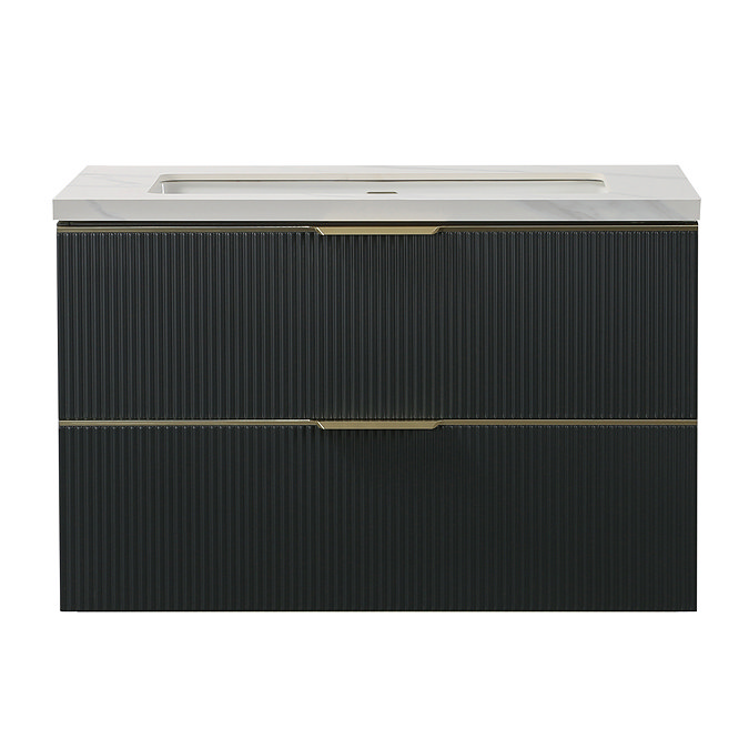 Opus 900mm Fluted Wall Hung 2-Drawer Vanity Unit – Satin Black with Marble‑Effect Basin & Brushed Brass Handles