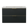 Opus 900mm Fluted Wall Hung 2-Drawer Vanity Unit – Satin Black with Marble‑Effect Basin & Brushed Brass Handles