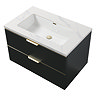 Opus 900mm Fluted Wall Hung 2-Drawer Vanity Unit – Satin Black with Marble‑Effect Basin & Brushed Brass Handles
