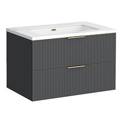 Opus 900mm Fluted Wall Hung 2-Drawer Vanity Unit – Satin Black with Marble‑Effect Basin & Brushed Brass Handles