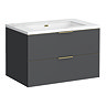 Opus 900mm Fluted Wall Hung 2-Drawer Vanity Unit – Satin Black with Marble‑Effect Basin & Brushed Brass Handles