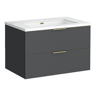Opus 900mm Fluted Wall Hung 2-Drawer Vanity Unit – Satin Black with Marble‑Effect Basin & Brushed Brass Handles